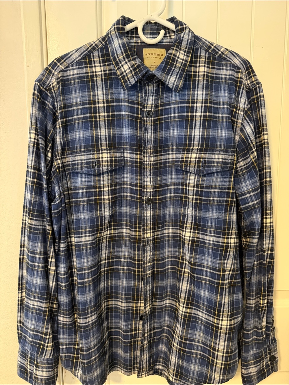 Sonoma Blue and White Plaid Button-Down Flannel for Men